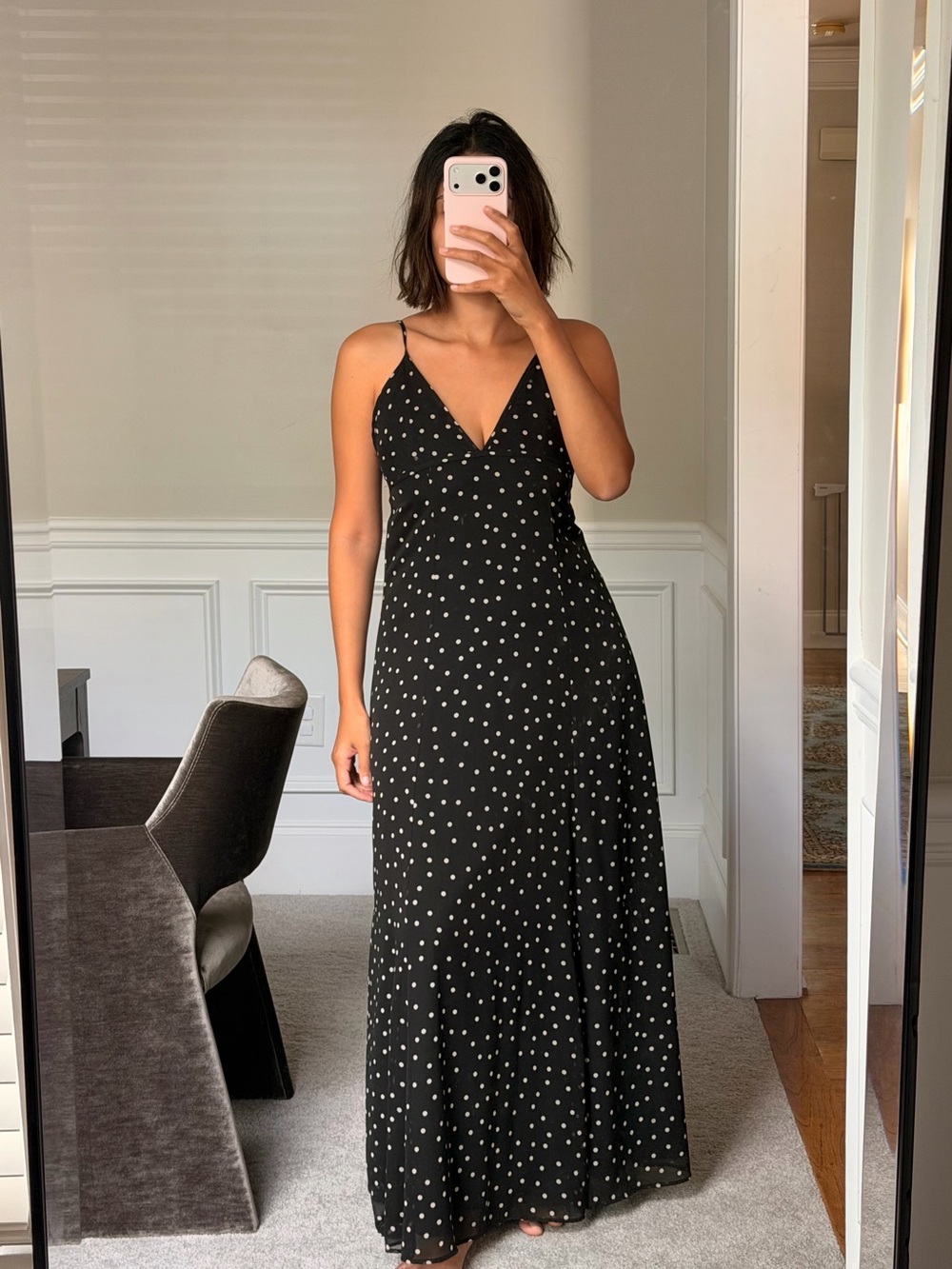 Zara Black Maxi Slip Dress with White Polka Dots